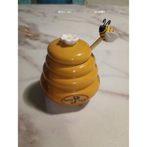 Mini Honey Pot Ceramic Jar with Wood Bee Dipper Honey Dispenser 3in